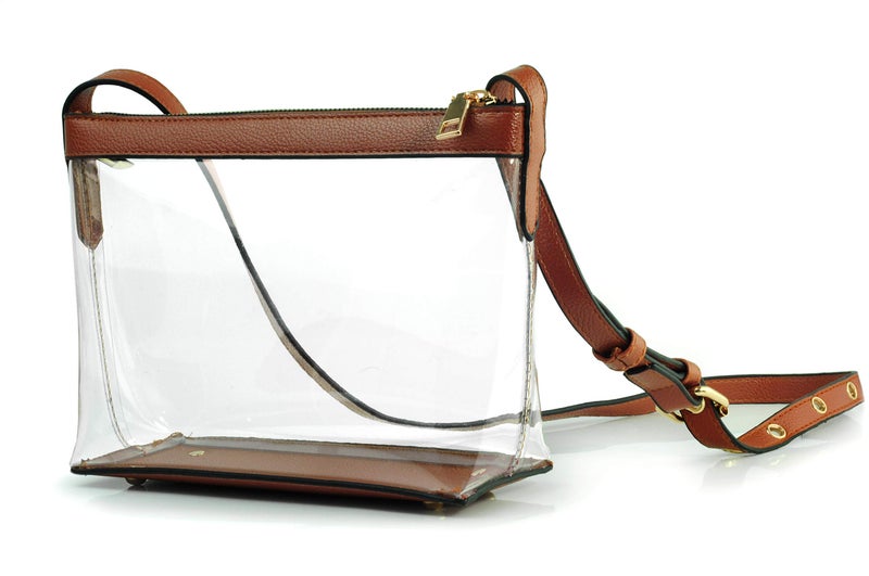 Hoxis Clear Zipper Cross Body Bag with Vegan Leather Trim (Brown) Small - Image 2